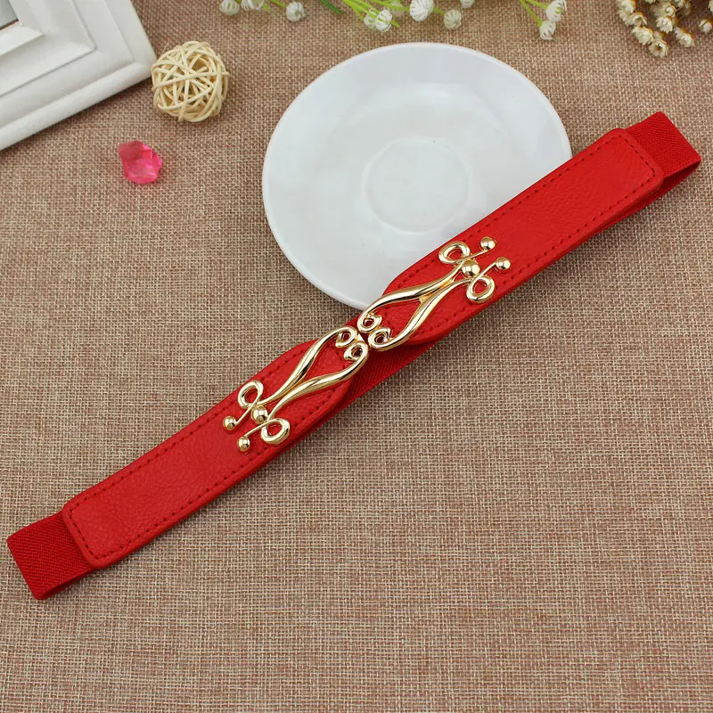 Red Elastic Waist Belt with Gold Embroidery for Women - Image 5