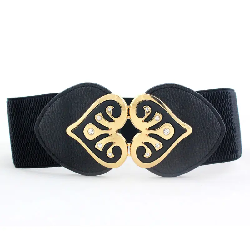 Women's Black Joker Elastic Waist Belt with Gold Logo
