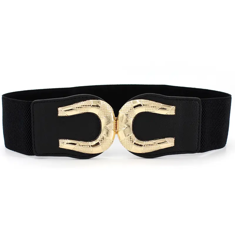 Women's Black Joker Elastic Waist Belt with Gold Logo