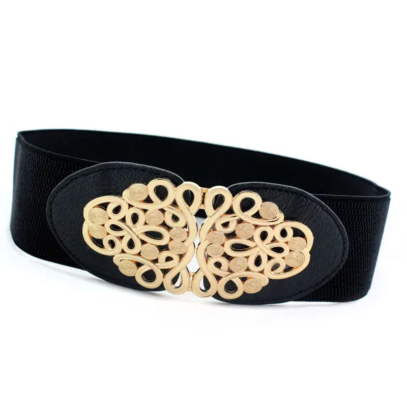 Women's Black Joker Elastic Waist Belt with Gold Logo