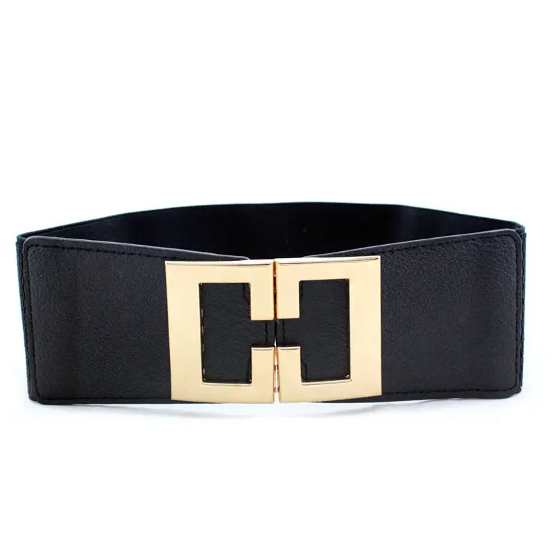 Women's Black Joker Elastic Waist Belt with Gold Logo