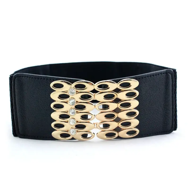 Women's Black Joker Elastic Waist Belt with Gold Logo