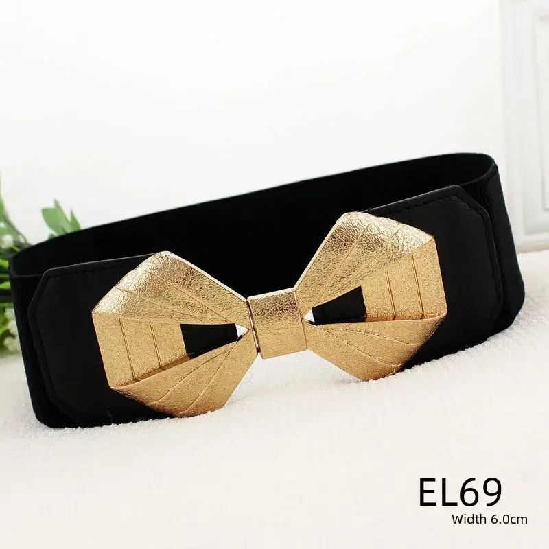 Women's Black Joker Elastic Waist Belt with Gold Logo