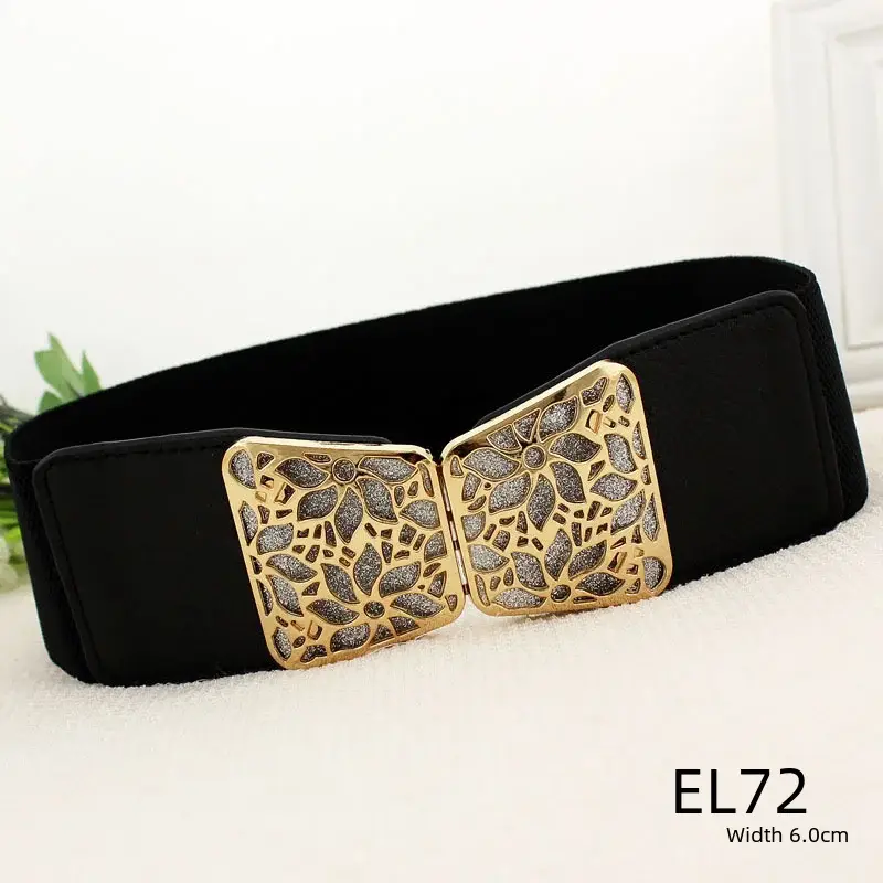 Women's Black Joker Elastic Waist Belt with Gold Logo