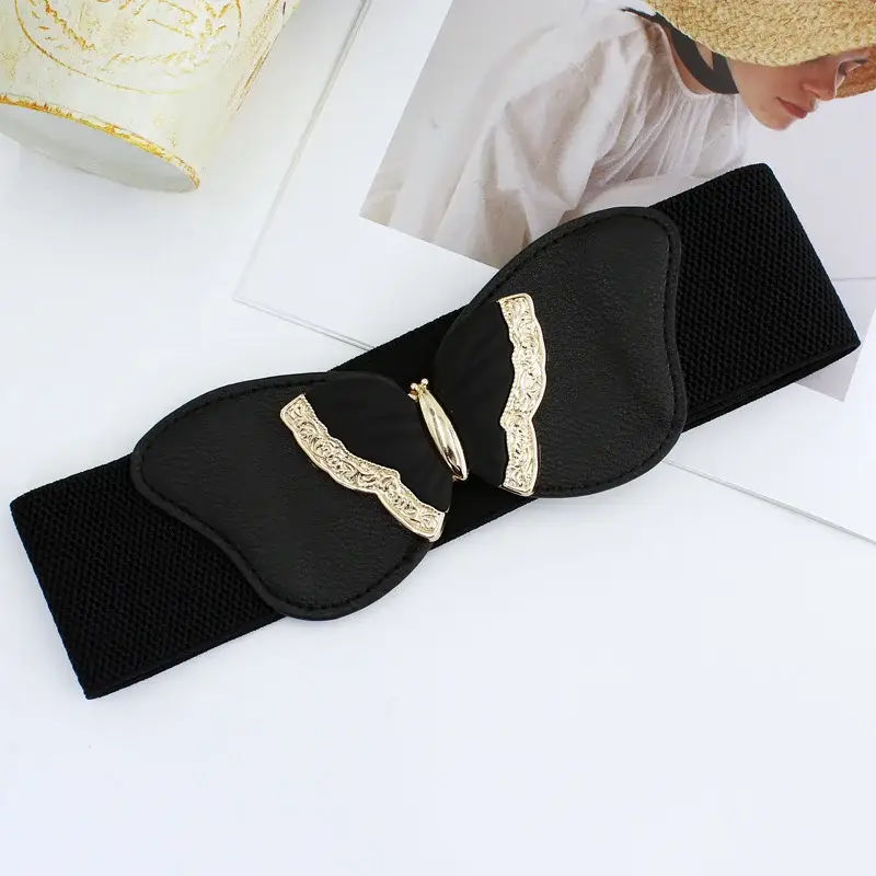 Women's Black Joker Elastic Waist Belt with Gold Logo