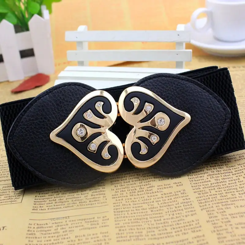 Women's Black Joker Elastic Waist Belt with Gold Logo