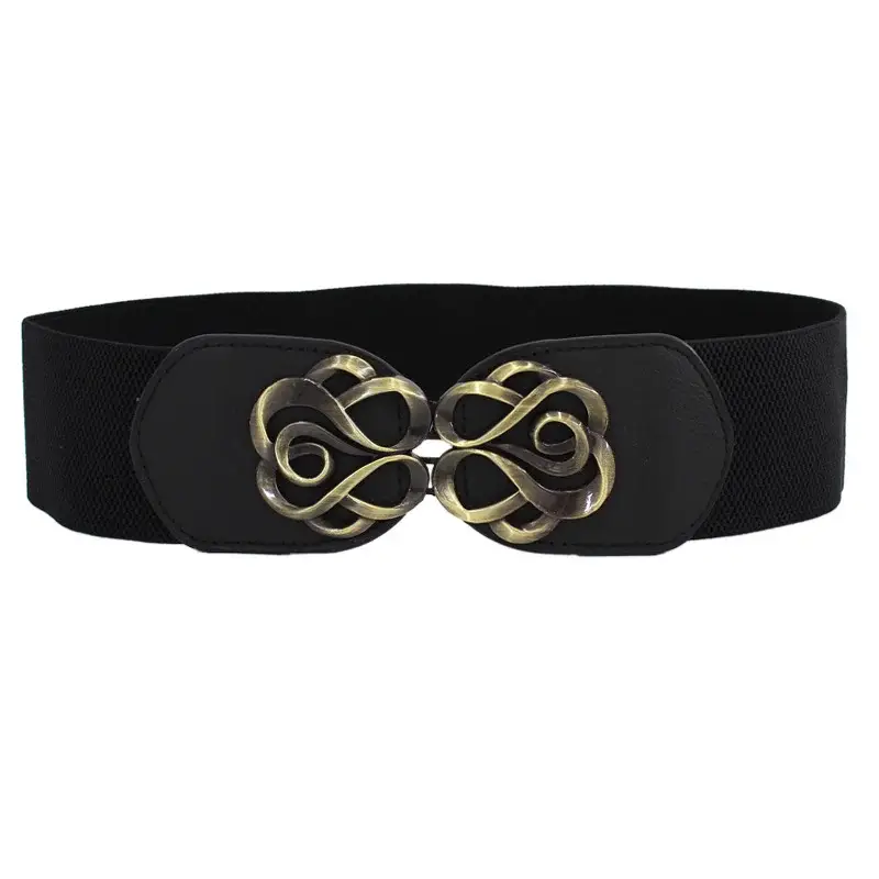 Women's Black Joker Elastic Waist Belt with Gold Logo