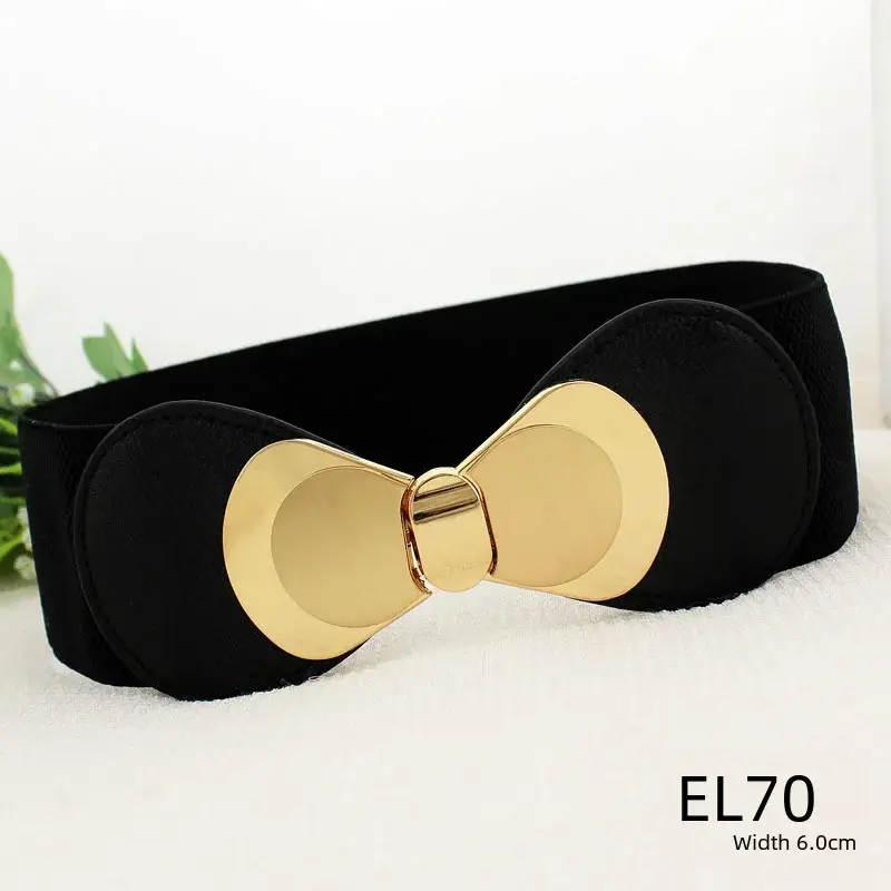 Women's Black Joker Elastic Waist Belt with Gold Logo
