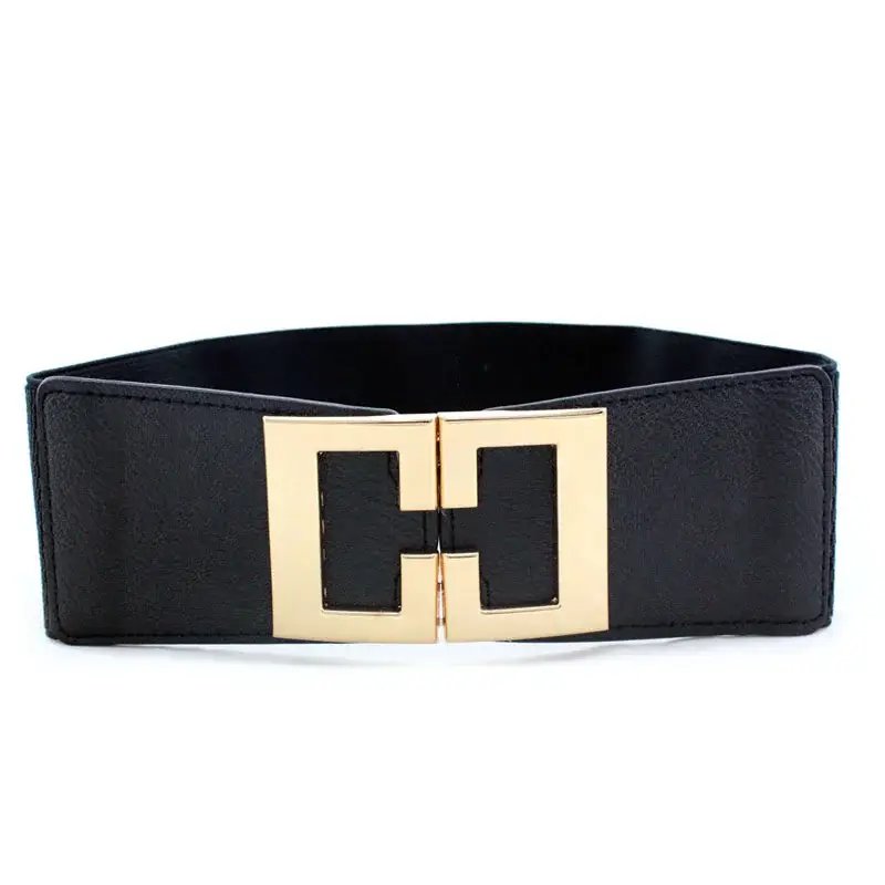 Women's Black Joker Elastic Waist Belt with Gold Logo