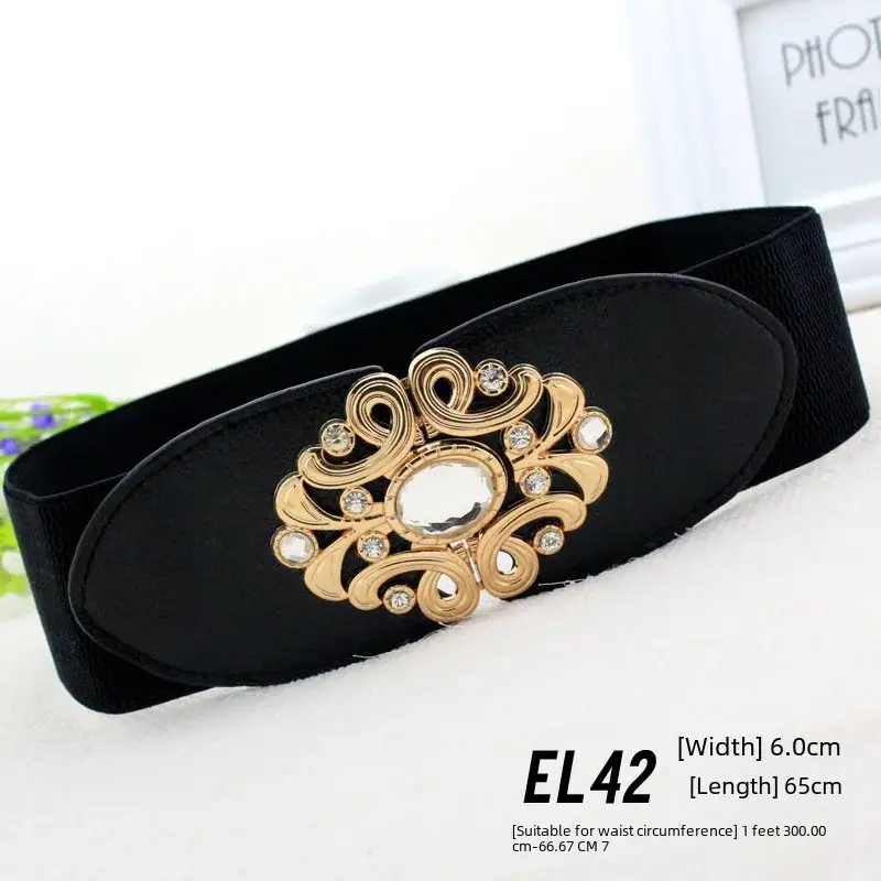 Women's Black Joker Elastic Waist Belt with Gold Logo
