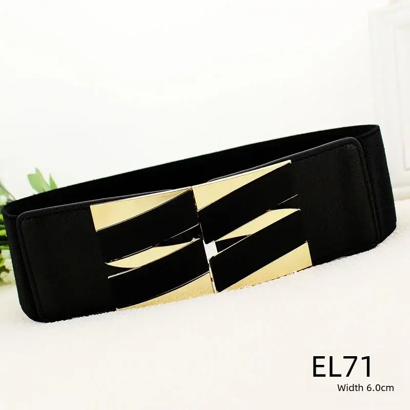 Women's Black Joker Elastic Waist Belt with Gold Logo