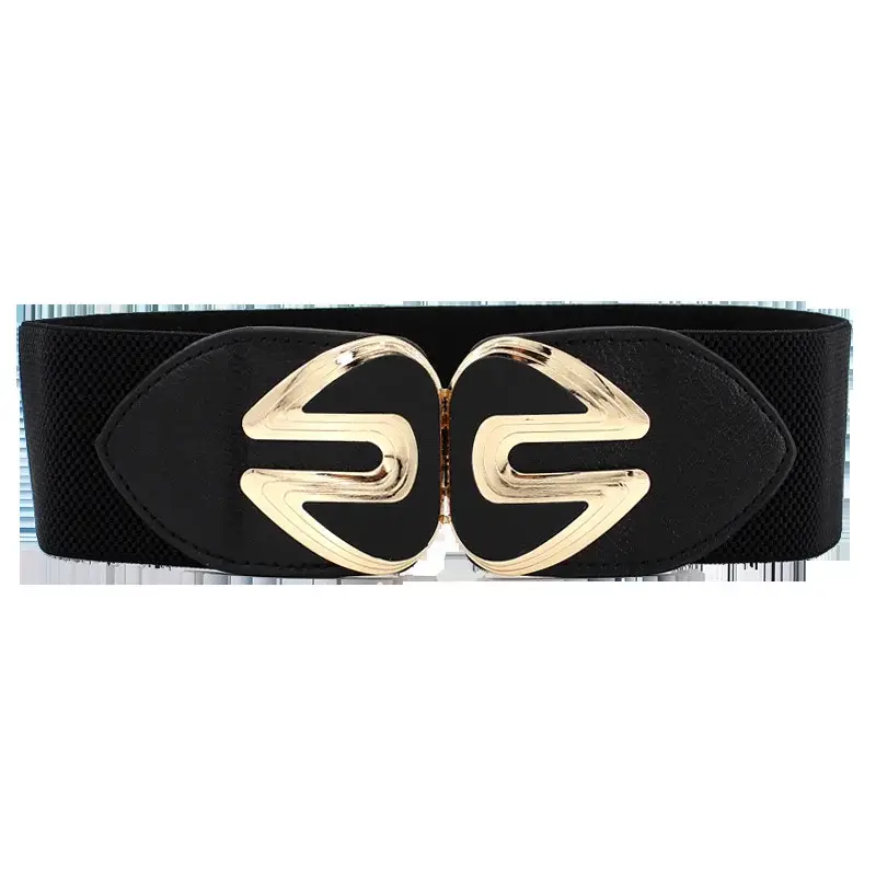 Women's Black Joker Elastic Waist Belt with Gold Logo