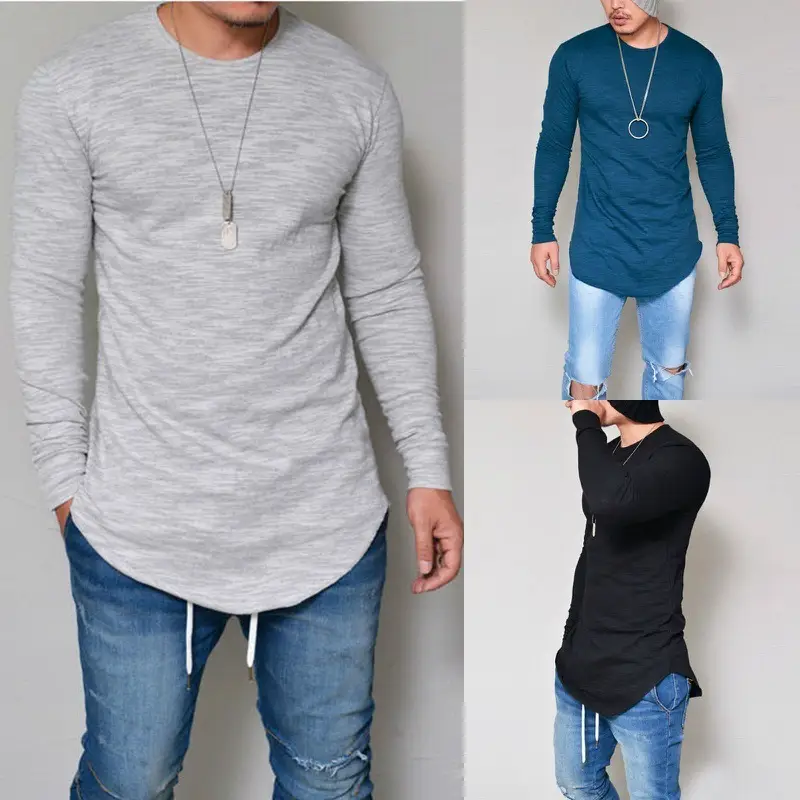 Men Grey Long Sleeve T-Shirt with Arc Hem - Image 4
