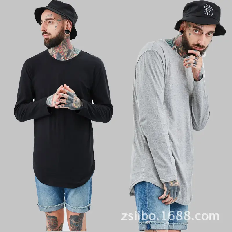 Men Grey Long Sleeve T-Shirt with Arc Hem - Image 5