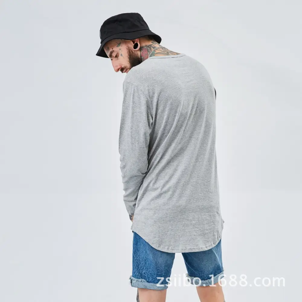 Men Grey Long Sleeve T-Shirt with Arc Hem — feature 11