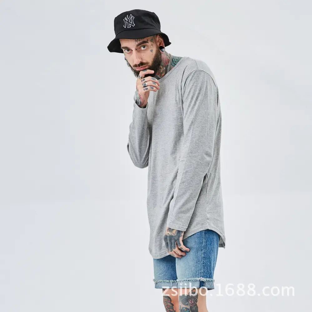Men Grey Long Sleeve T-Shirt with Arc Hem — feature 12