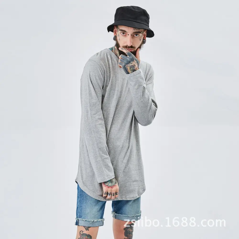 Men Grey Long Sleeve T-Shirt with Arc Hem — feature 13