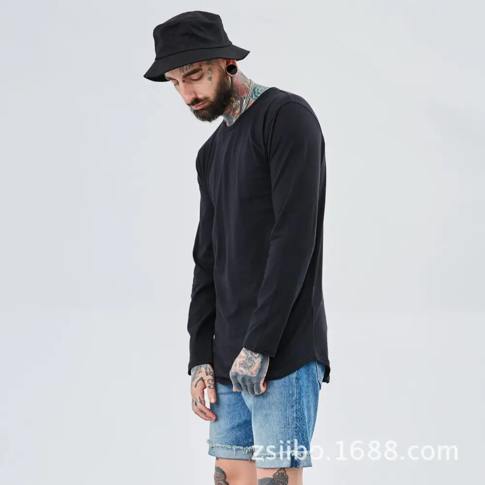 Men Grey Long Sleeve T-Shirt with Arc Hem — feature 15