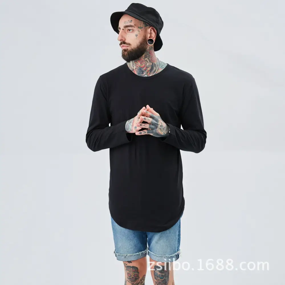 Men Grey Long Sleeve T-Shirt with Arc Hem — feature 16