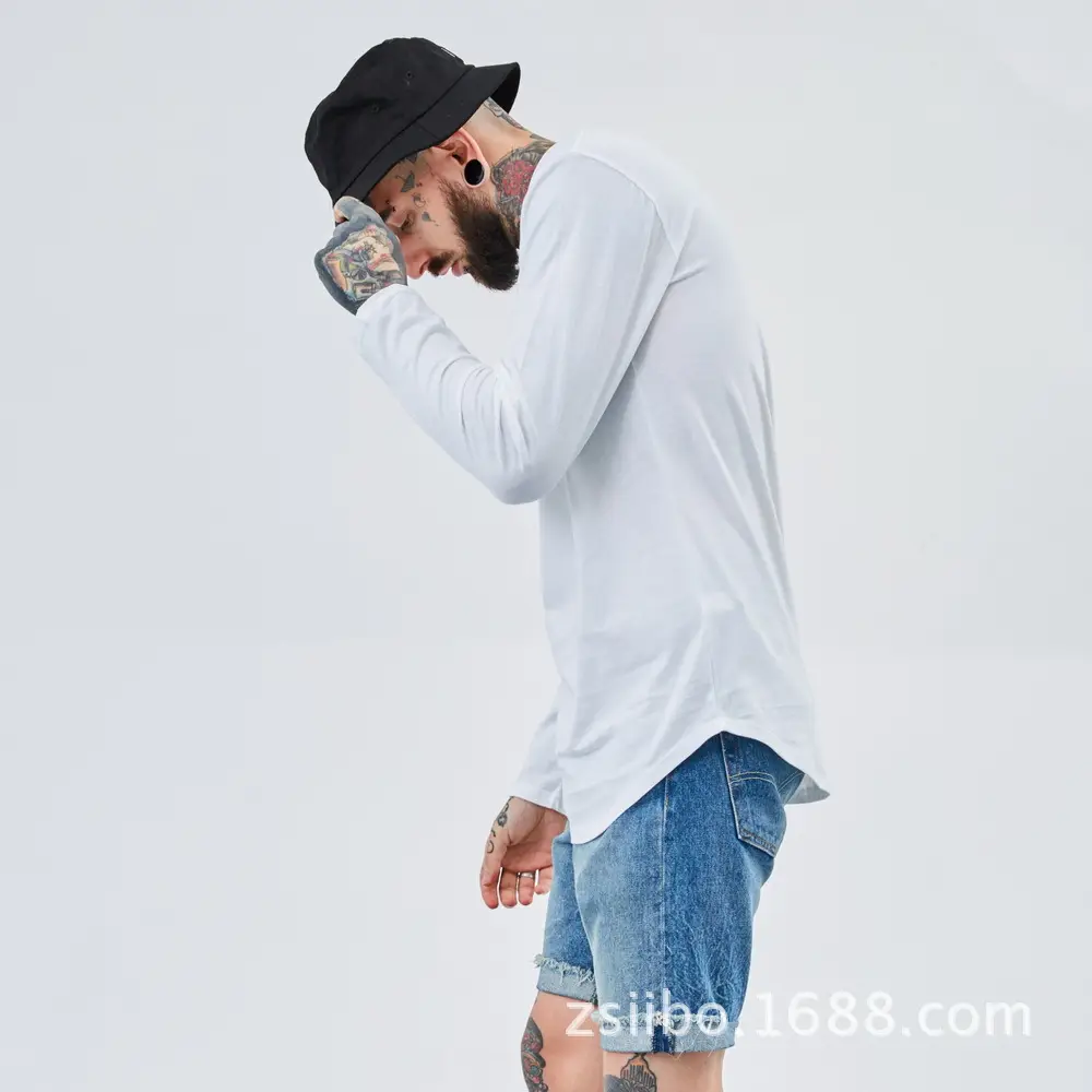Men Grey Long Sleeve T-Shirt with Arc Hem — feature 9