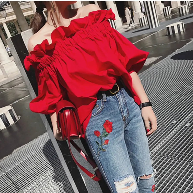 Red Ruffled Elastic Off-Shoulder Blouse for Women