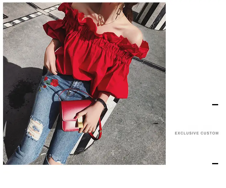 Red Ruffled Elastic Off-Shoulder Blouse for Women
