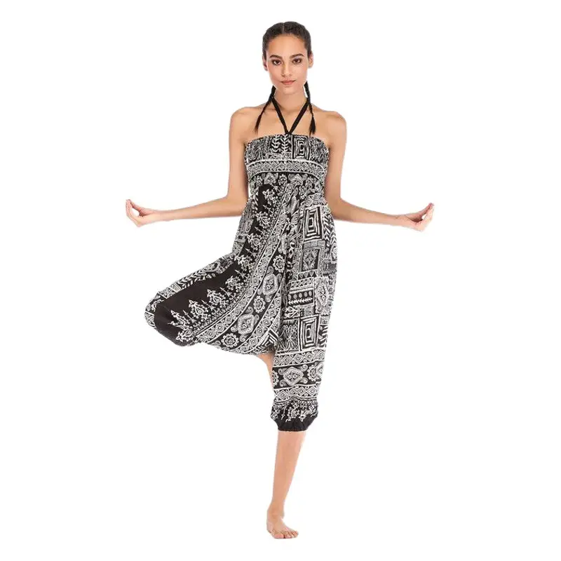 Bohemian Printed Yoga Pants Black White Crotch Design