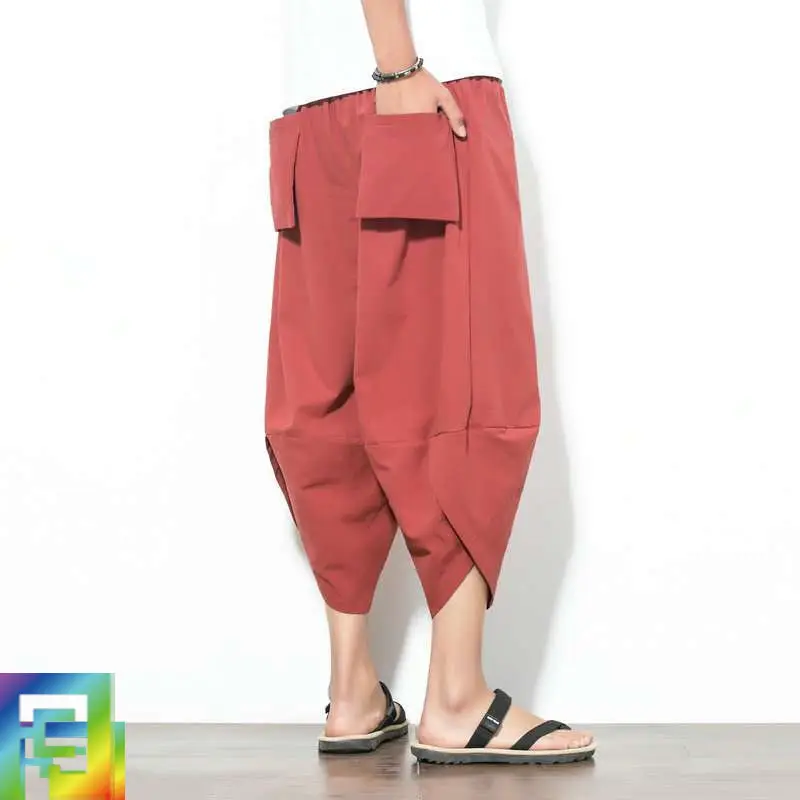 Men Cotton Linen Wide Leg Harem Pants Large - Image 24