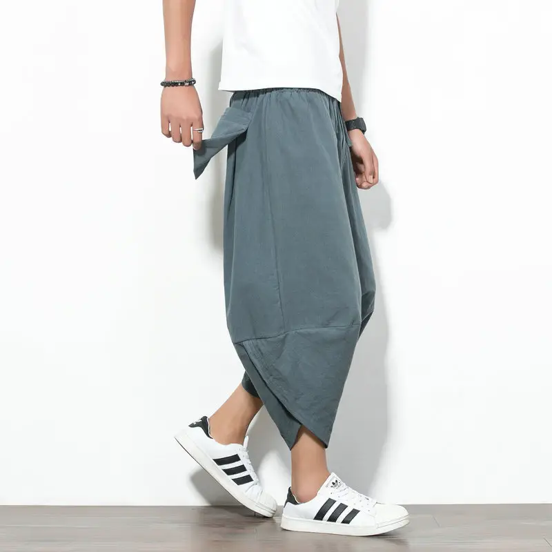Men Cotton Linen Wide Leg Harem Pants Large - Image 26