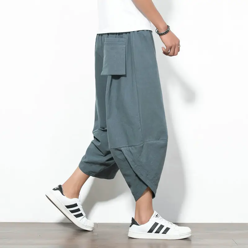 Men Cotton Linen Wide Leg Harem Pants Large - Image 27