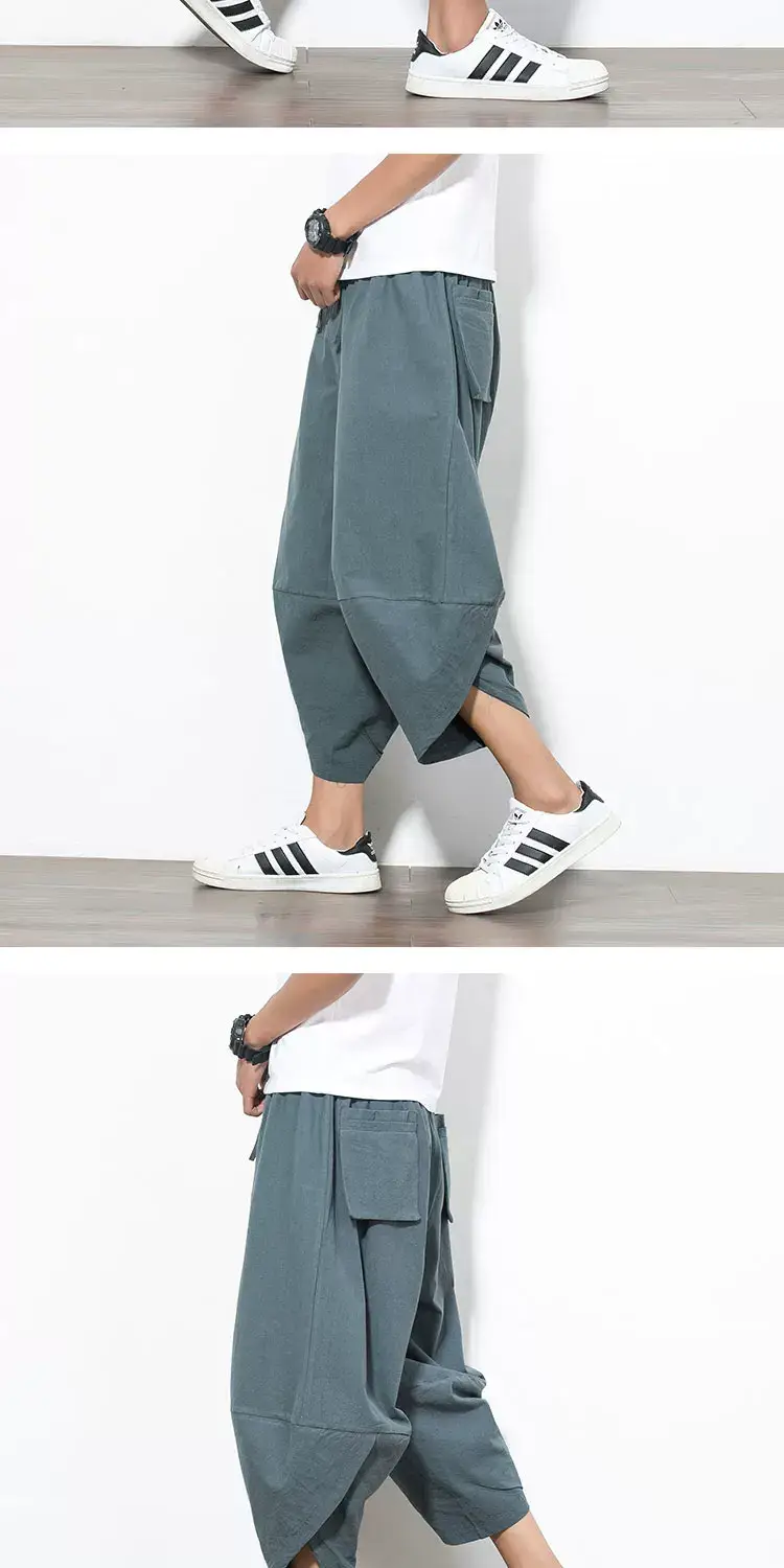 Men Cotton Linen Wide Leg Harem Pants Large — feature 10