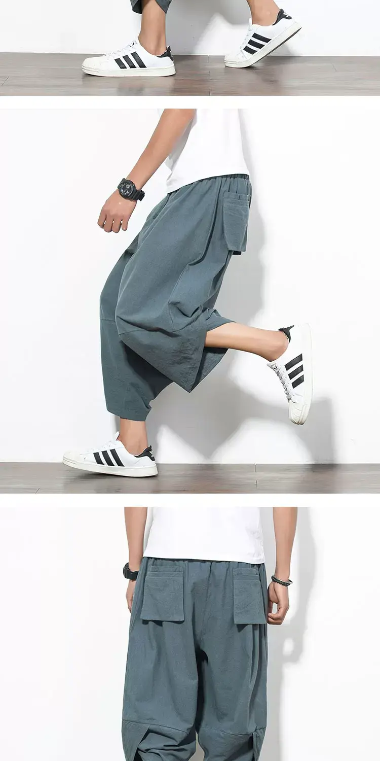 Men Cotton Linen Wide Leg Harem Pants Large — feature 11