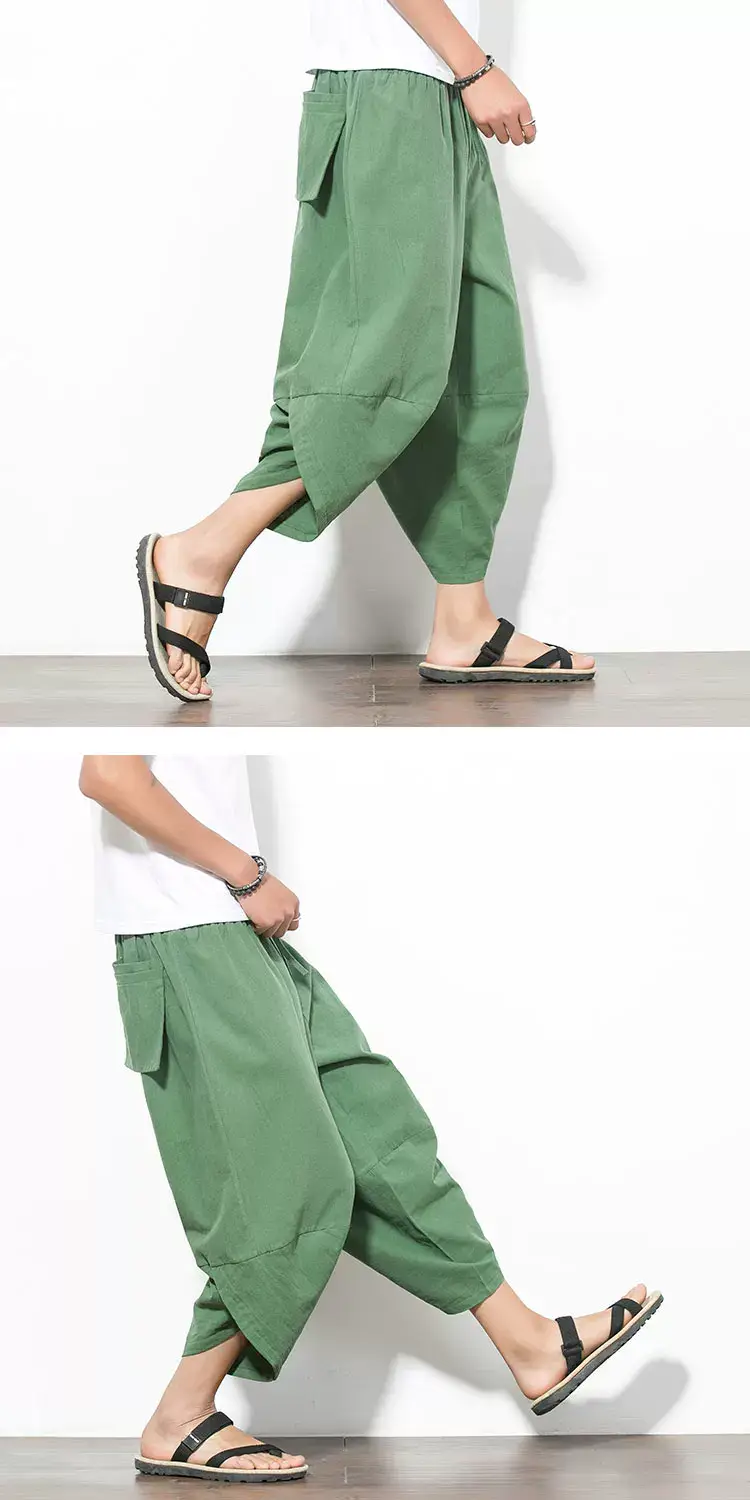 Men Cotton Linen Wide Leg Harem Pants Large — feature 16