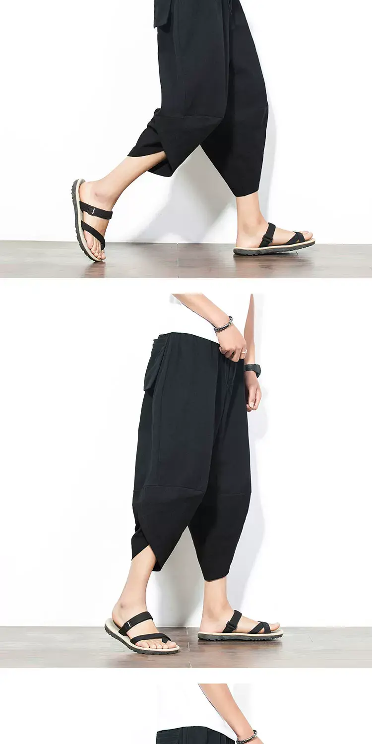 Men Cotton Linen Wide Leg Harem Pants Large — feature 5