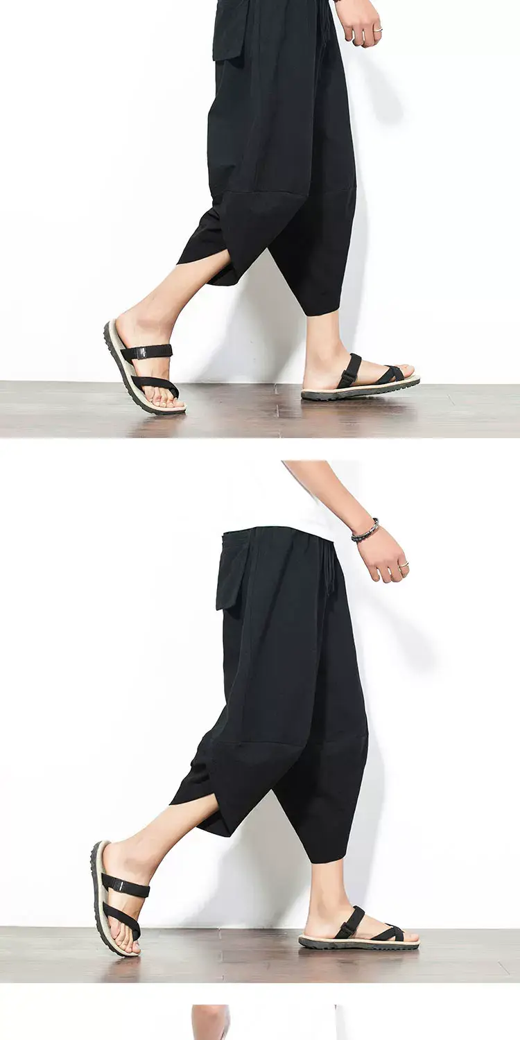 Men Cotton Linen Wide Leg Harem Pants Large — feature 6