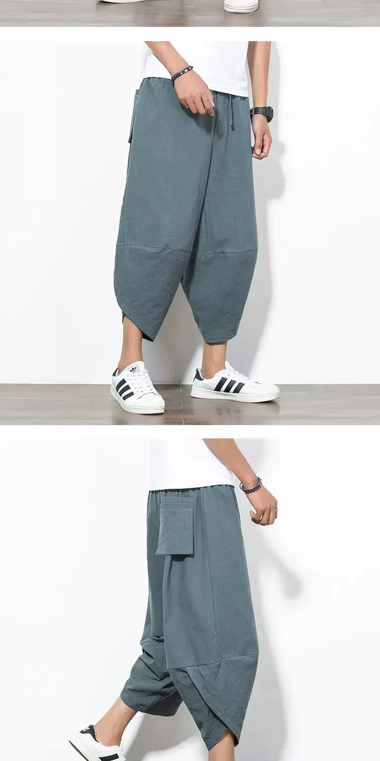 Men Cotton Linen Wide Leg Harem Pants Large — feature 9