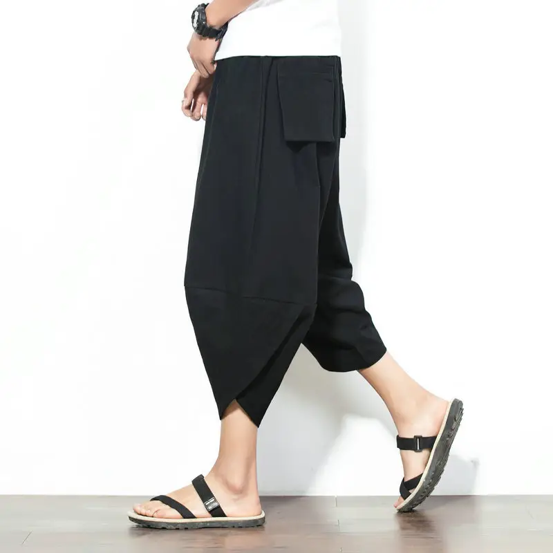 Men Cotton Linen Wide Leg Harem Pants Large - Image 3