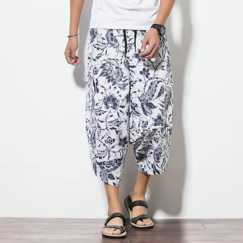 Men Cotton Linen Wide Leg Harem Pants Large - Image 5
