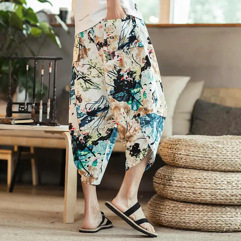 Men Cotton Linen Wide Leg Harem Pants Large - Image 6