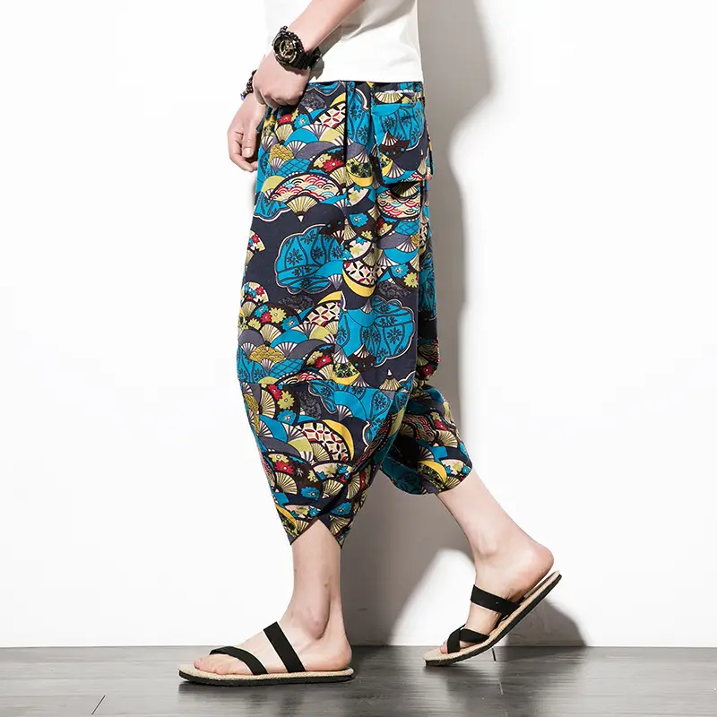 Men Cotton Linen Wide Leg Harem Pants Large - Image 7