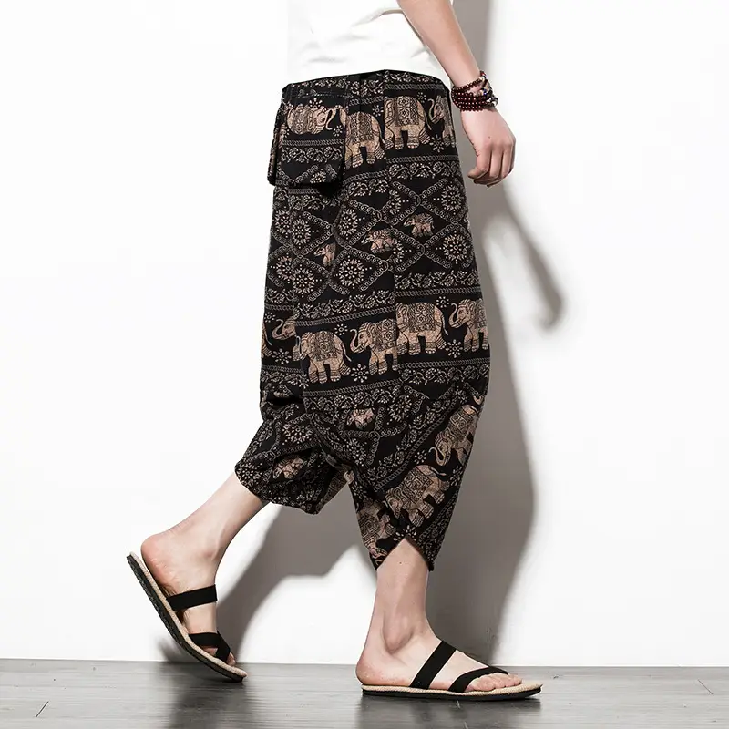 Men Cotton Linen Wide Leg Harem Pants Large - Image 8