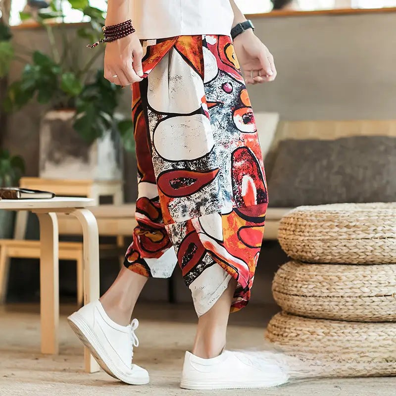 Men Cotton Linen Wide Leg Harem Pants Large - Image 11