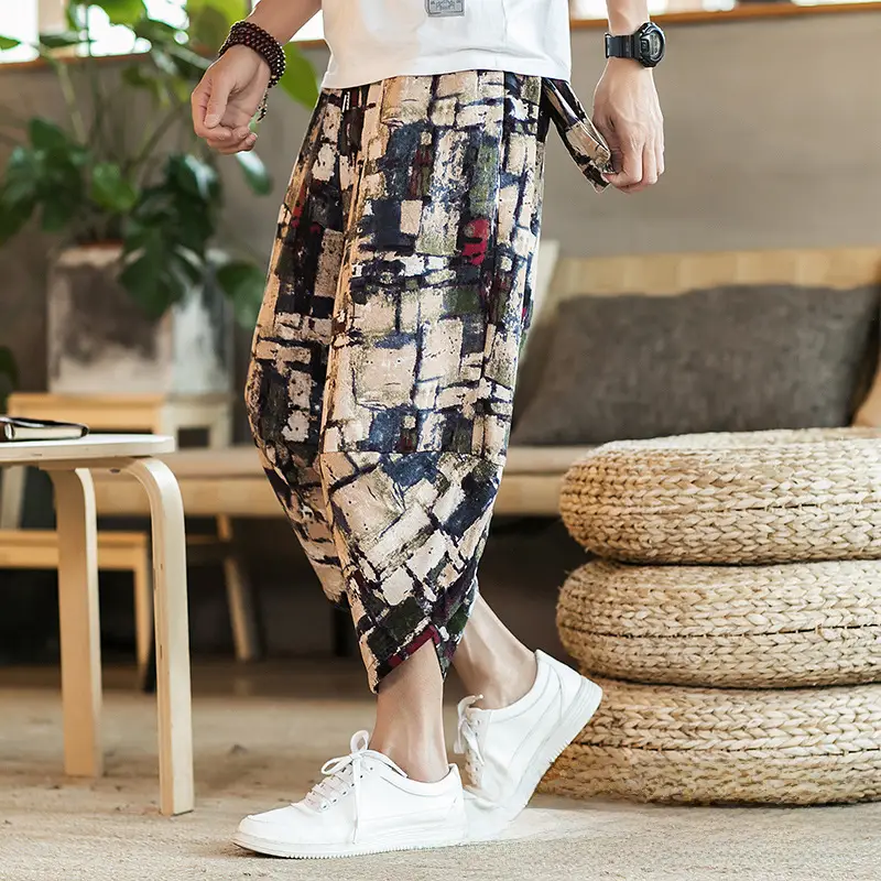 Men Cotton Linen Wide Leg Harem Pants Large - Image 20