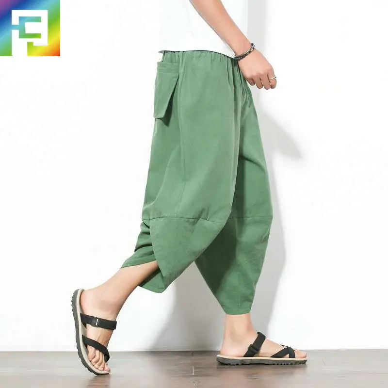Men Cotton Linen Wide Leg Harem Pants Large - Image 2