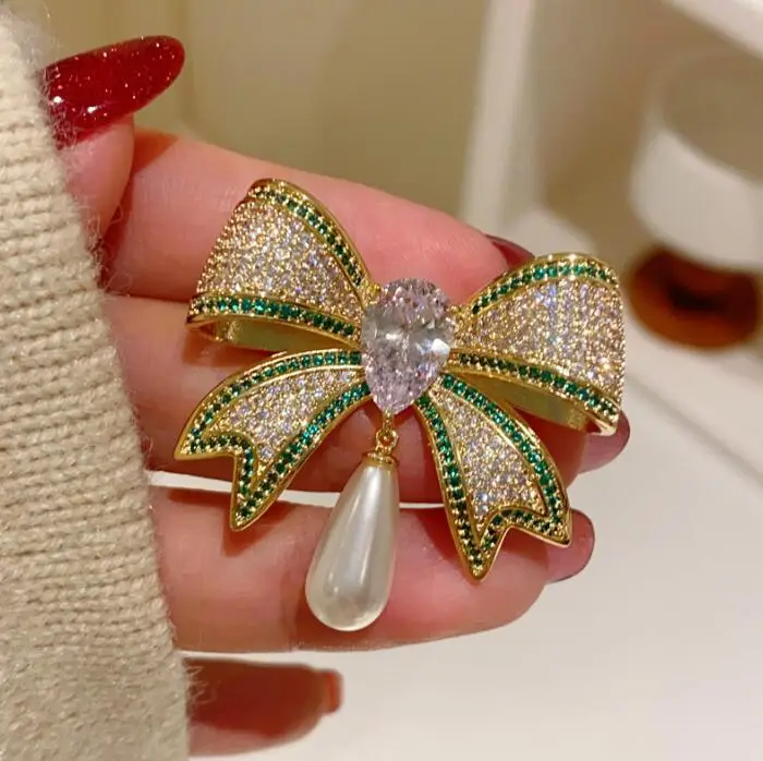 French Retro Bow Brooch with Full Diamond Crystal - Image 4
