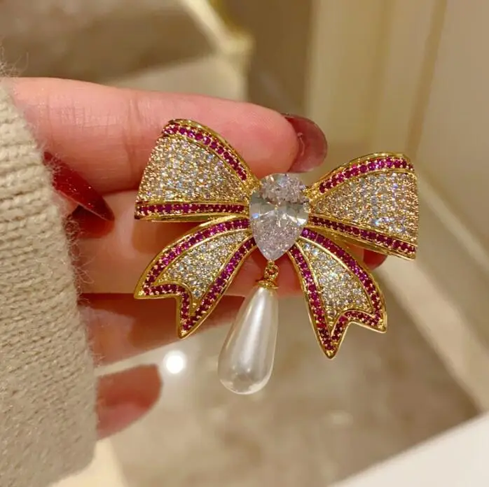 French Retro Bow Brooch with Full Diamond Crystal - Image 5