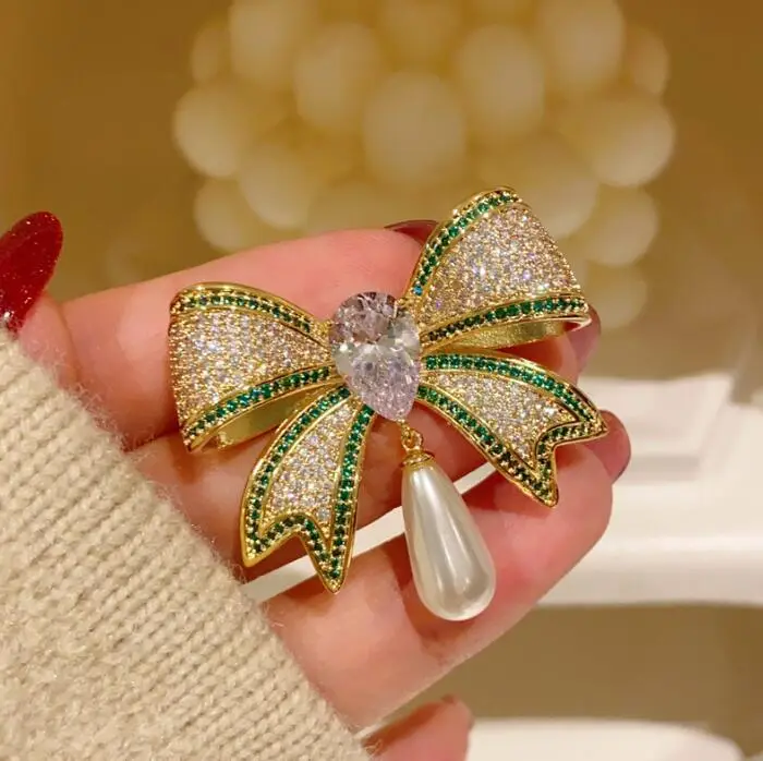 French Retro Bow Brooch with Full Diamond Crystal - Image 6