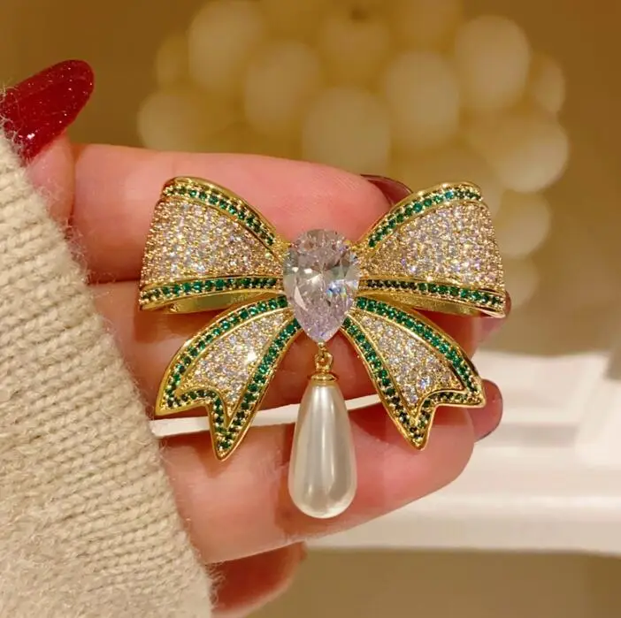French Retro Bow Brooch with Full Diamond Crystal - Image 7