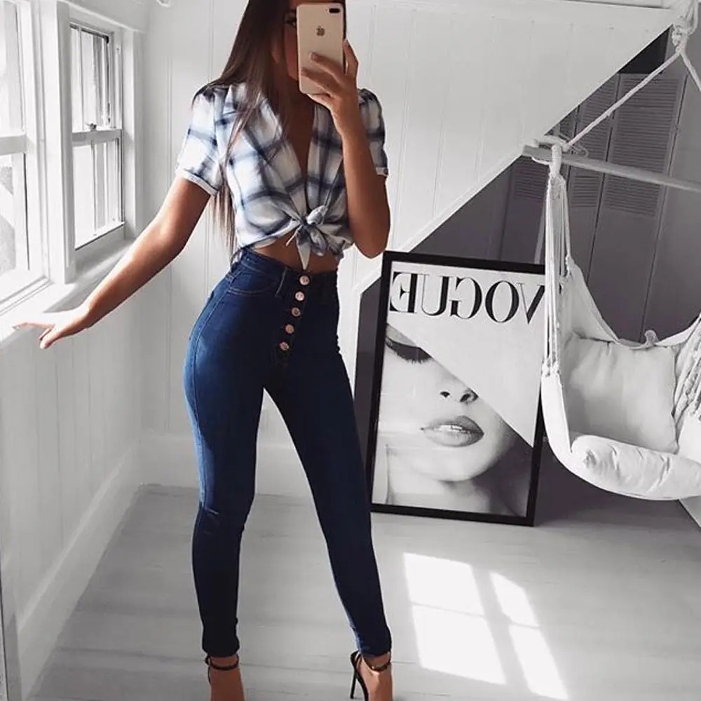 Women Tight Black High Waist Denim Trousers Set - Image 8