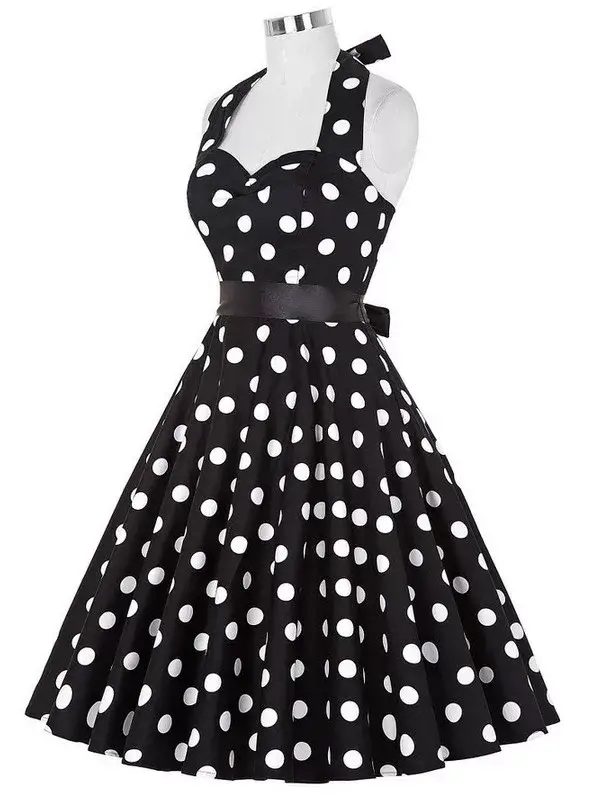 Black Polka Dot 50s Waist Slimming Swing Dress — feature 5